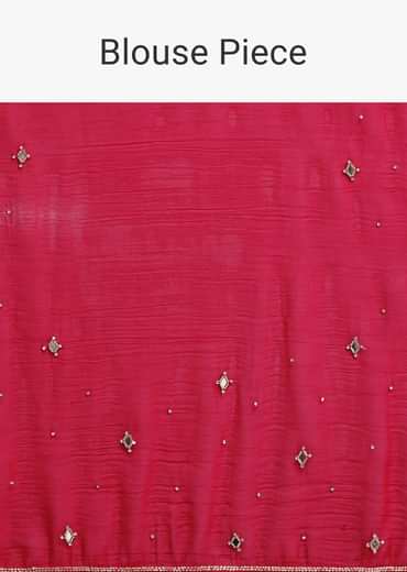 Red Satin Chinon Saree With Mirror Embroidery And Unstitched Blouse