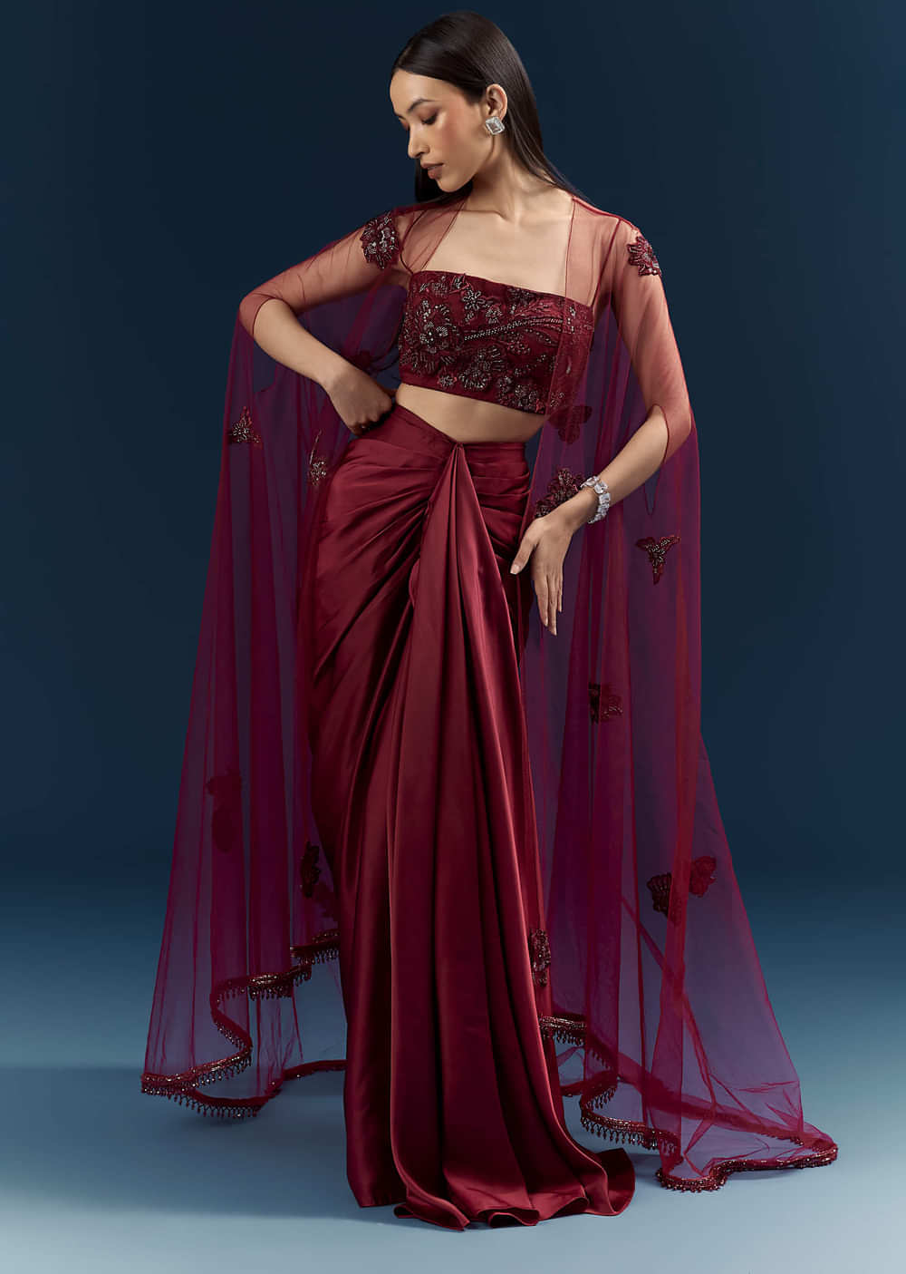 Red Satin Crop Top And Drape Skirt Set With Lace Work And Embroidery
