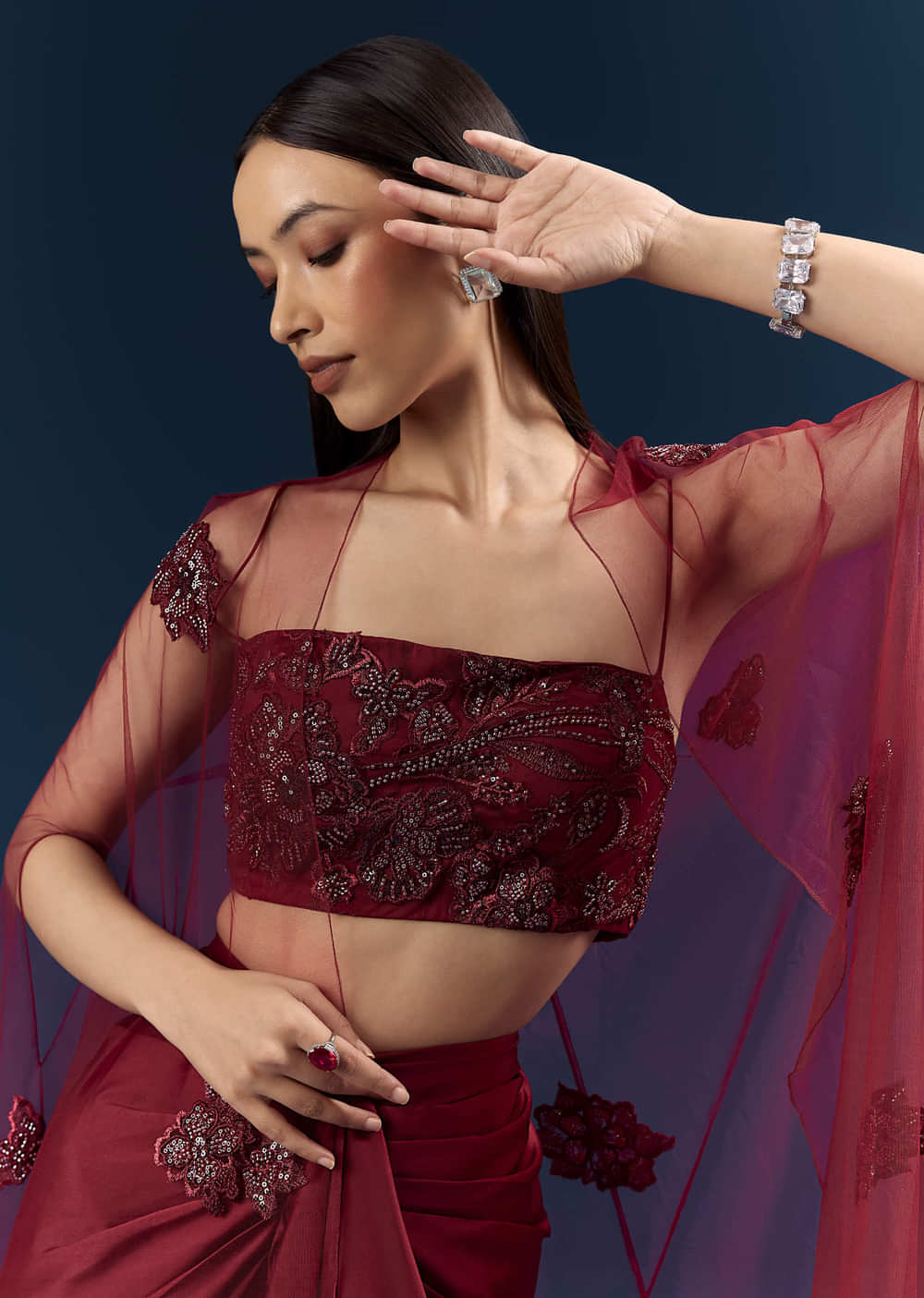 Red Satin Crop Top And Drape Skirt Set With Lace Work And Embroidery