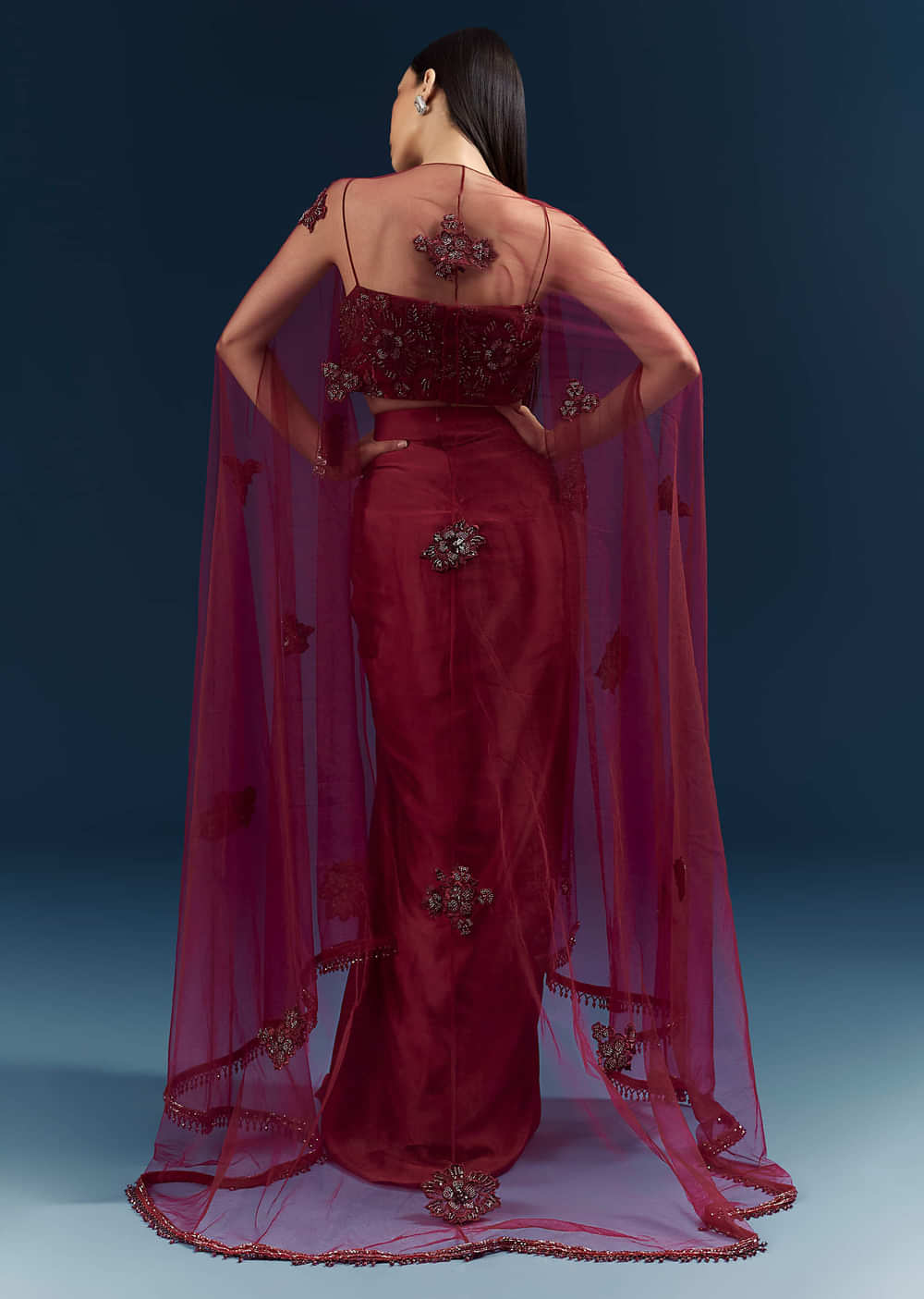 Red Satin Crop Top And Drape Skirt Set With Lace Work And Embroidery
