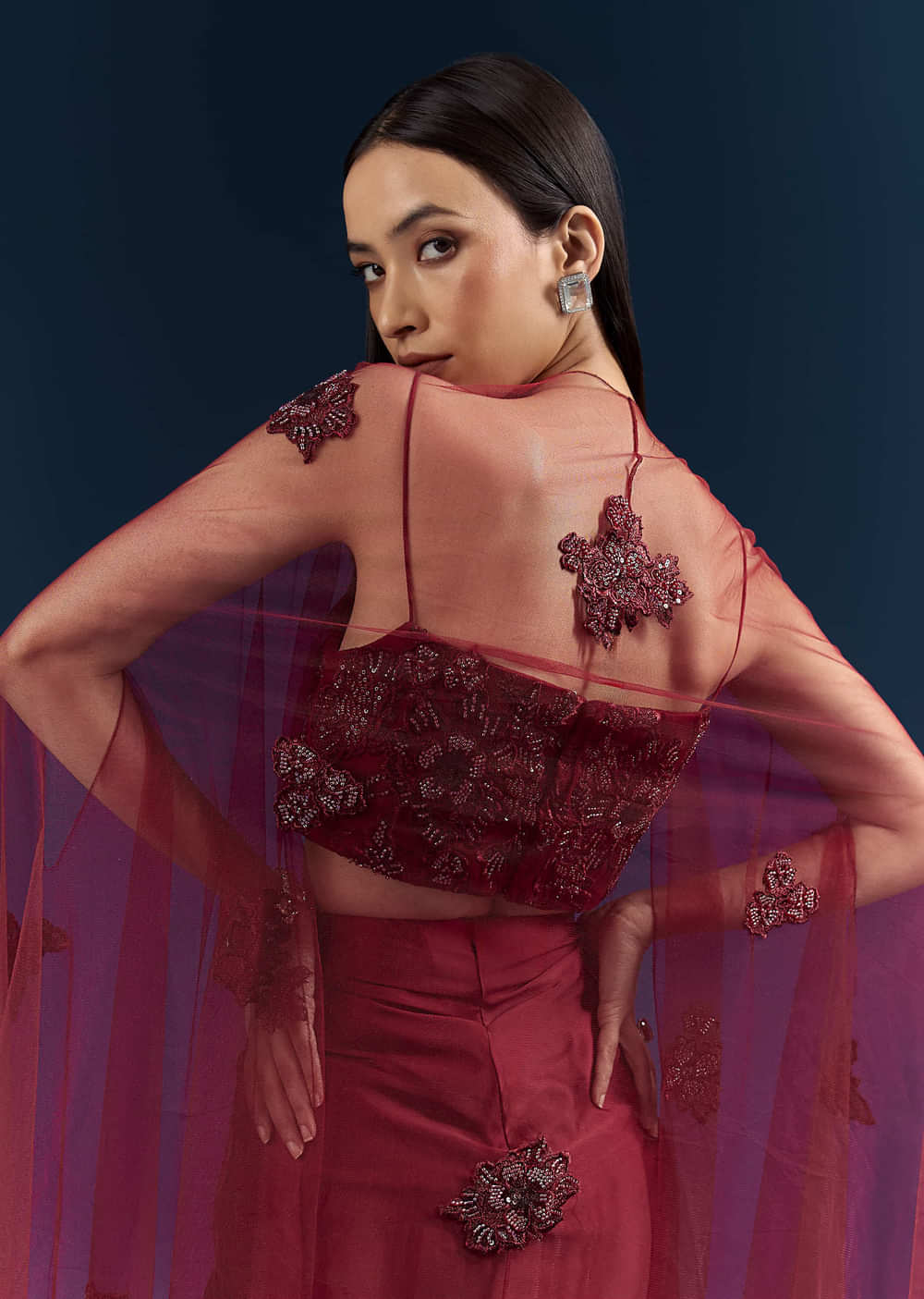 Red Satin Crop Top And Drape Skirt Set With Lace Work And Embroidery