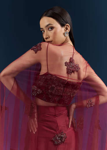 Red Satin Crop Top And Drape Skirt Set With Lace Work And Embroidery