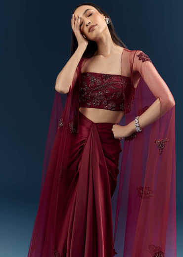Red Satin Crop Top And Drape Skirt Set With Lace Work And Embroidery