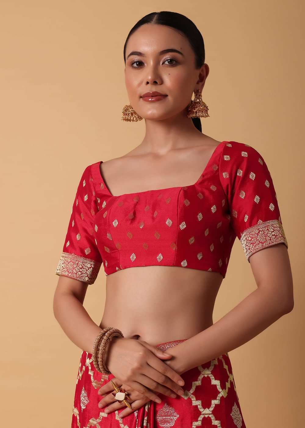 Red Satin Organza Saree With Moroccan Jaal Weave And Unstitched Blouse Piece