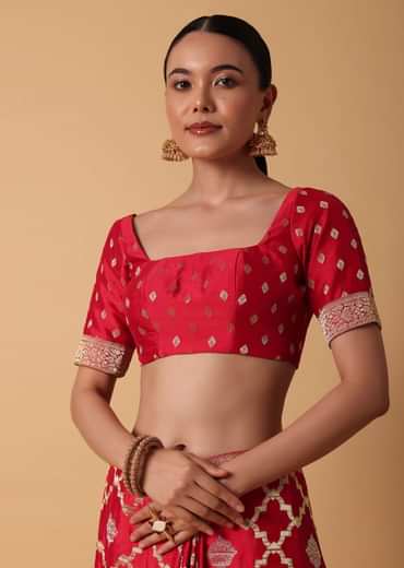 Red Satin Organza Saree With Moroccan Jaal Weave And Unstitched Blouse Piece