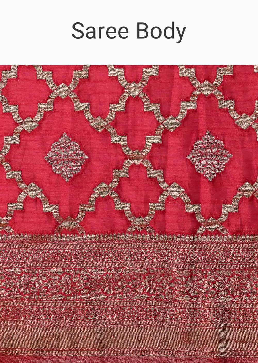 Red Satin Organza Saree With Moroccan Jaal Weave And Unstitched Blouse Piece
