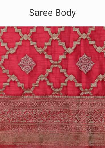 Red Satin Organza Saree With Moroccan Jaal Weave And Unstitched Blouse Piece