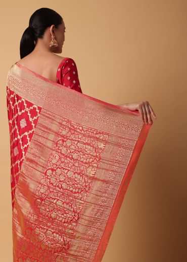 Red Satin Organza Saree With Moroccan Jaal Weave And Unstitched Blouse Piece