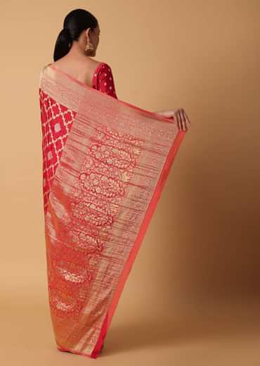 Red Satin Organza Saree With Moroccan Jaal Weave And Unstitched Blouse Piece