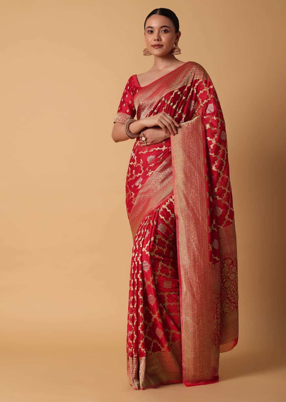 Red Satin Organza Saree With Moroccan Jaal Weave And Unstitched Blouse Piece