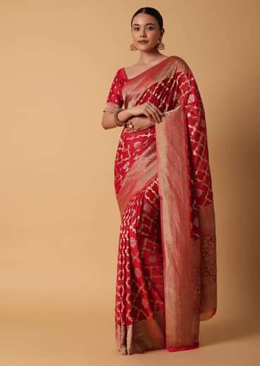 Red Satin Organza Saree With Moroccan Jaal Weave And Unstitched Blouse Piece
