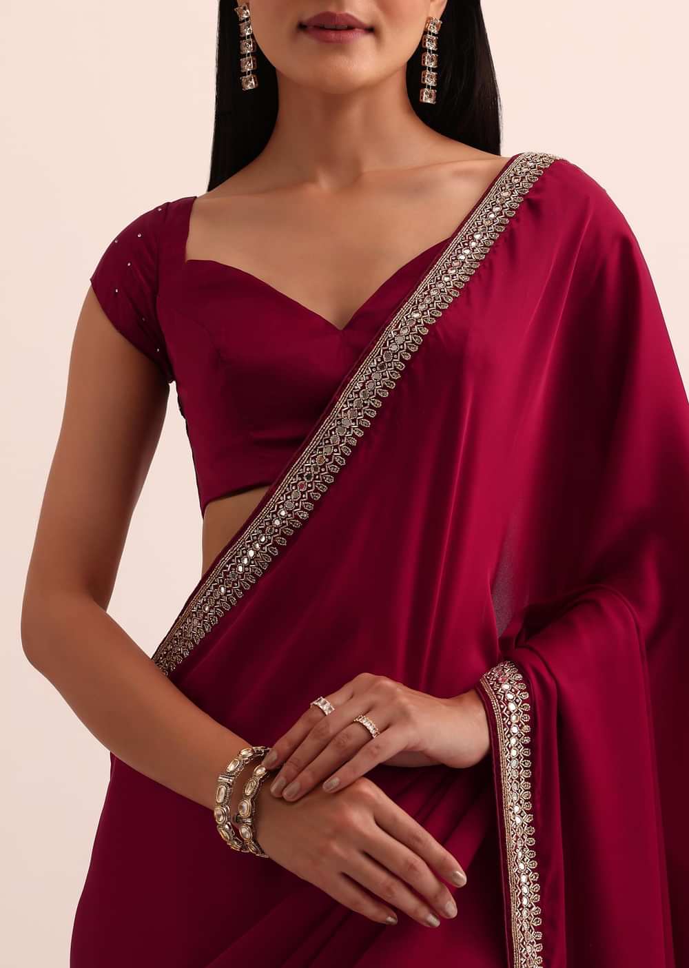 Red Satin Saree With Mirror Embroidery And Unstitched Blouse