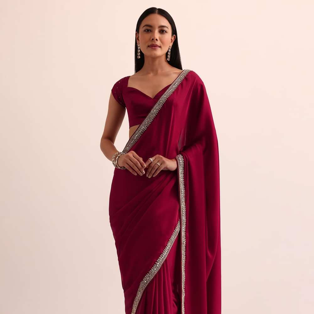 Red Satin Saree With Mirror Embroidery And Unstitched Blouse