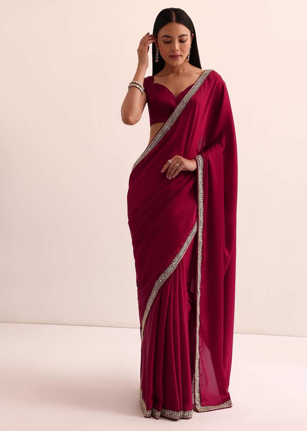 Red Satin Saree With Mirror Embroidery And Unstitched Blouse