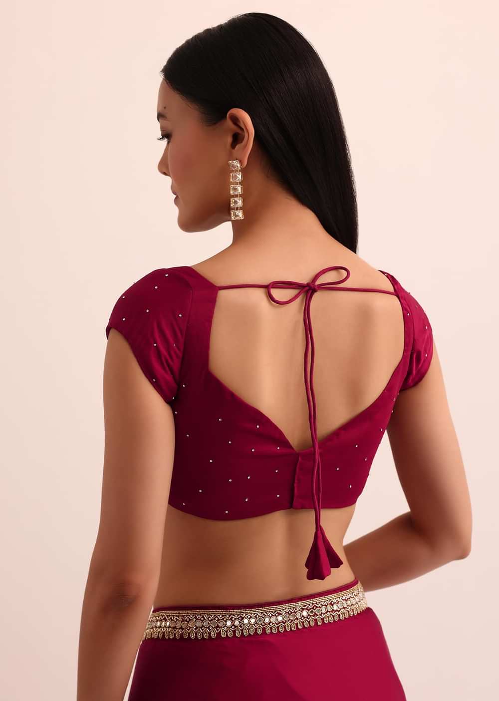Red Satin Saree With Mirror Embroidery And Unstitched Blouse