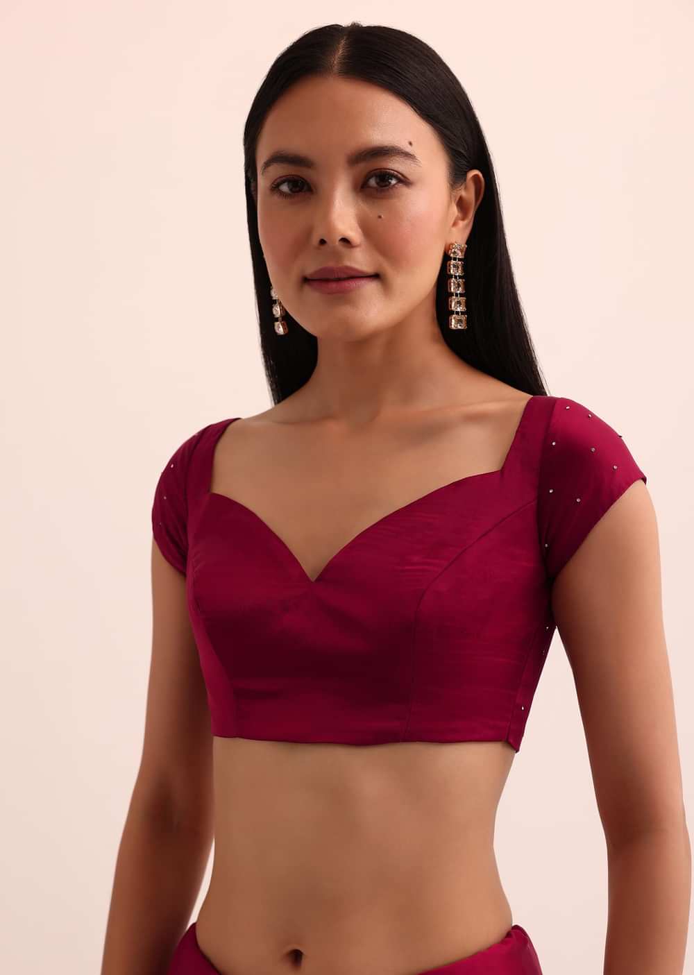 Red Satin Saree With Mirror Embroidery And Unstitched Blouse