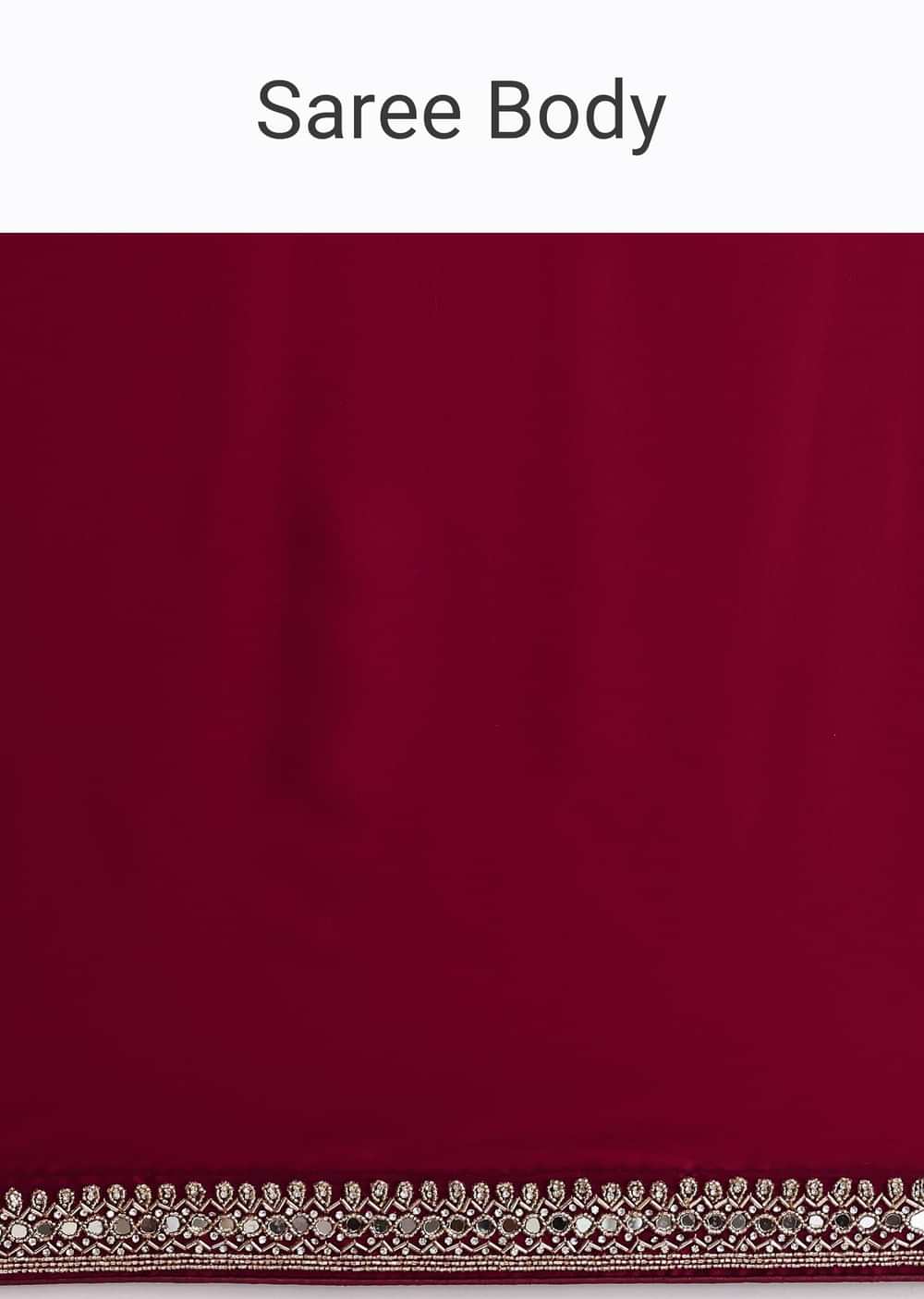 Red Satin Saree With Mirror Embroidery And Unstitched Blouse