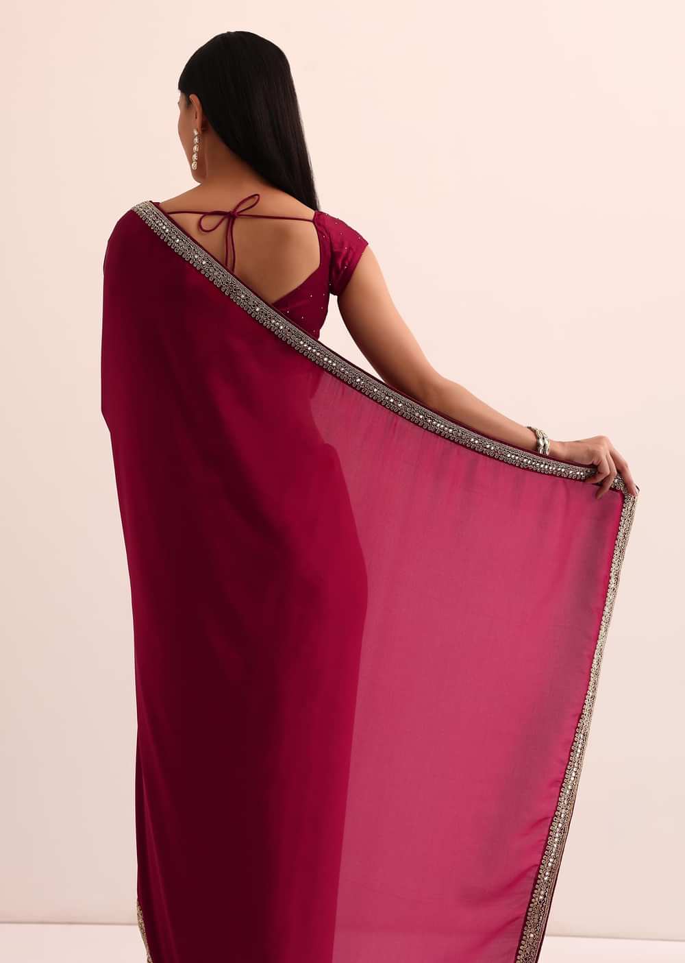 Red Satin Saree With Mirror Embroidery And Unstitched Blouse