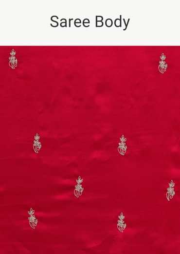 Red Satin Saree With Stone Embroidered Border And Unstitched Blouse