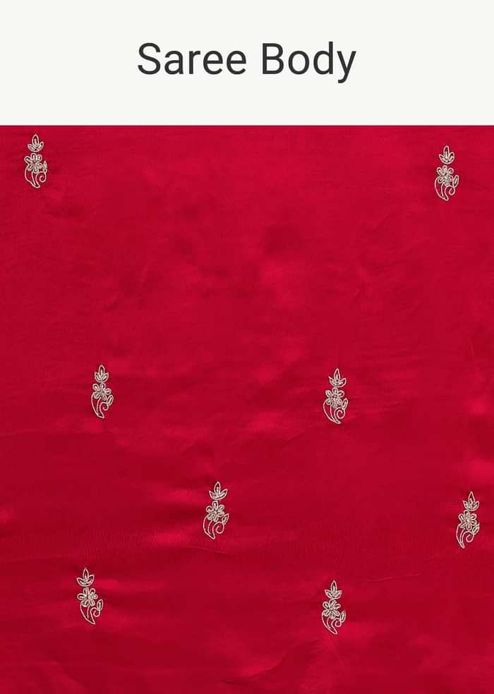Red Satin Saree With Stone Embroidered Border And Unstitched Blouse