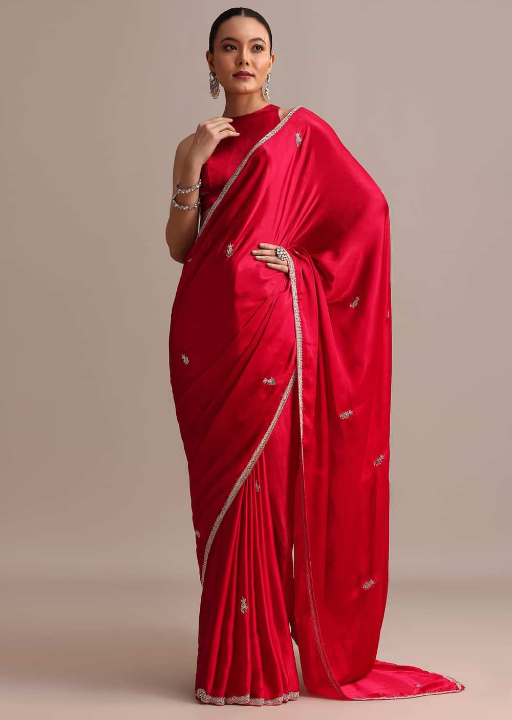 Red Satin Saree With Stone Embroidered Border And Unstitched Blouse