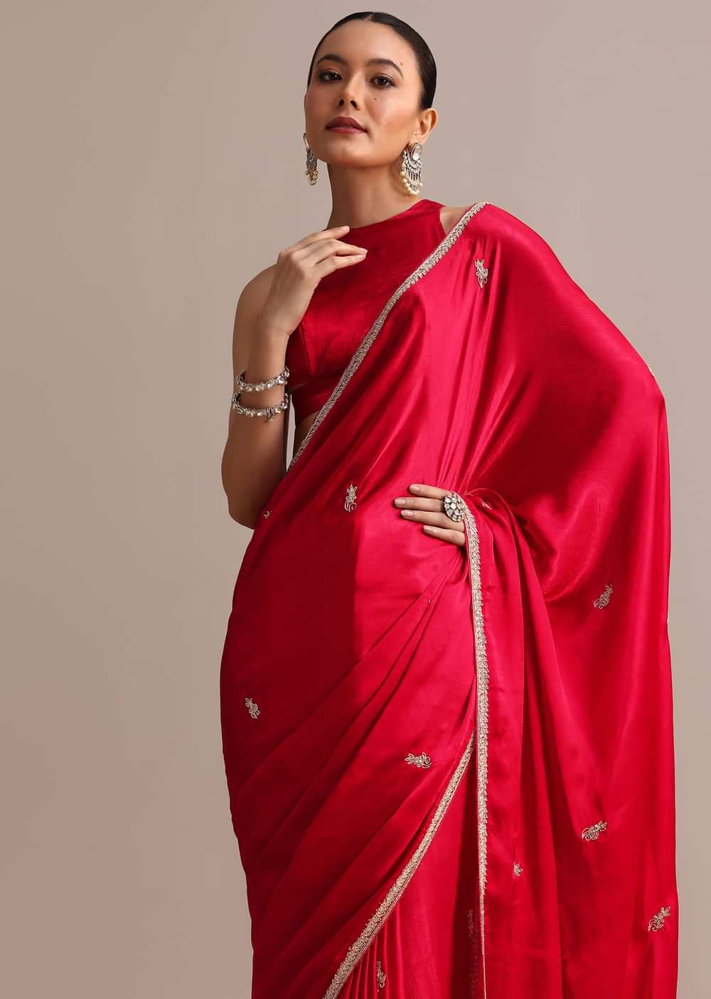 Red Satin Saree With Stone Embroidered Border And Unstitched Blouse