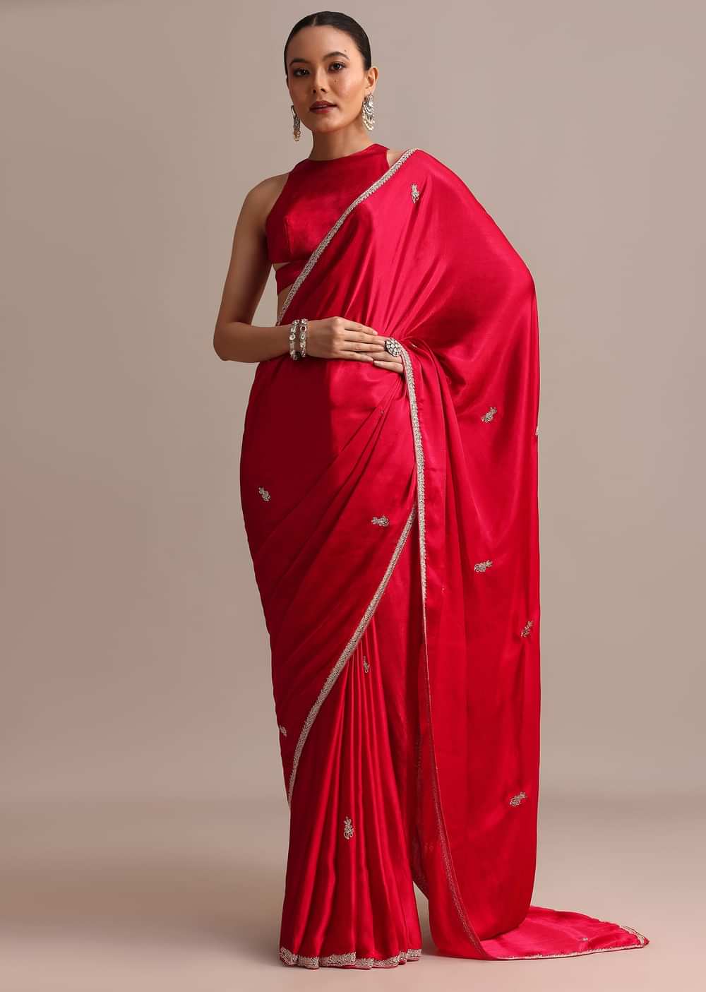 Red Satin Saree With Stone Embroidered Border And Unstitched Blouse