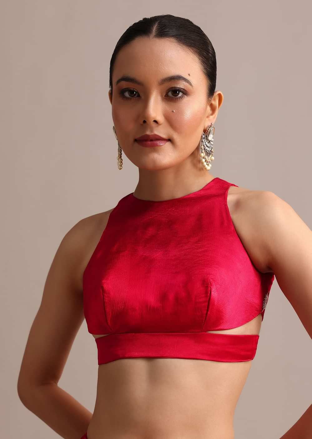 Red Satin Saree With Stone Embroidered Border And Unstitched Blouse