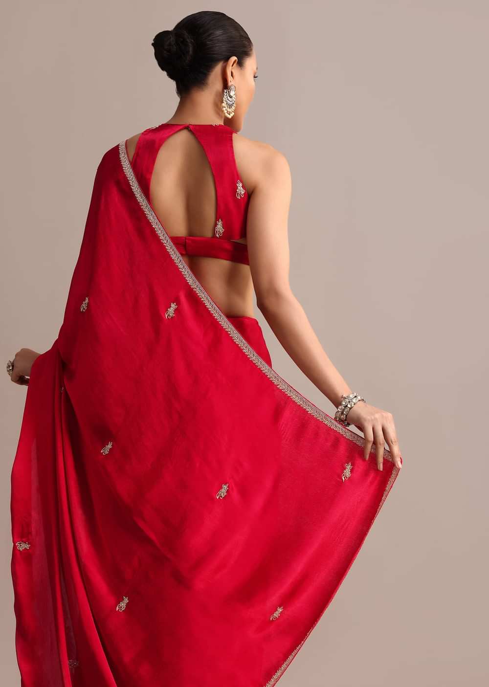 Red Satin Saree With Stone Embroidered Border And Unstitched Blouse