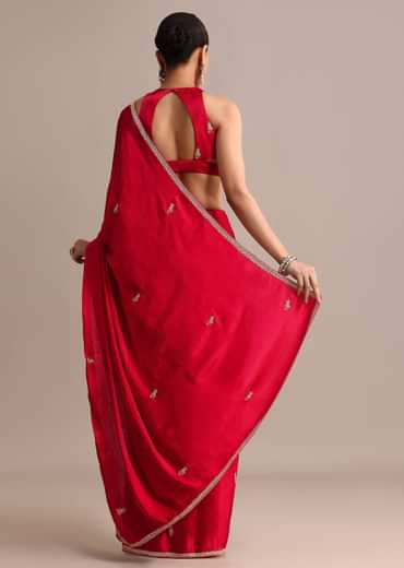 Red Satin Saree With Stone Embroidered Border And Unstitched Blouse