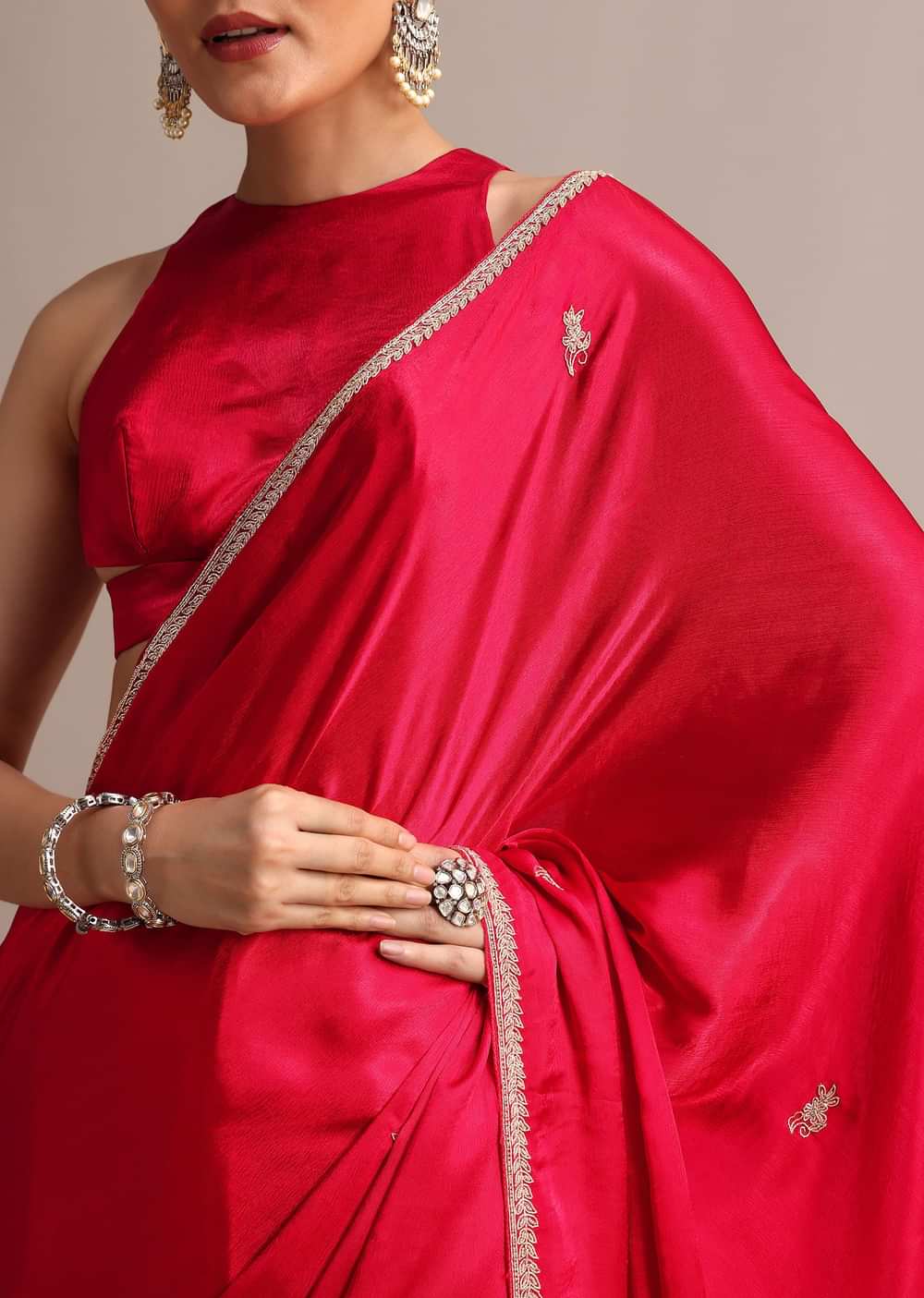 Red Satin Saree With Stone Embroidered Border And Unstitched Blouse