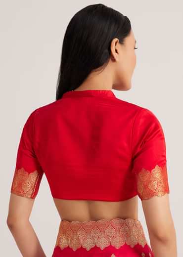 Red Satin Silk Butti Woven Saree With Scallop Brocade Border