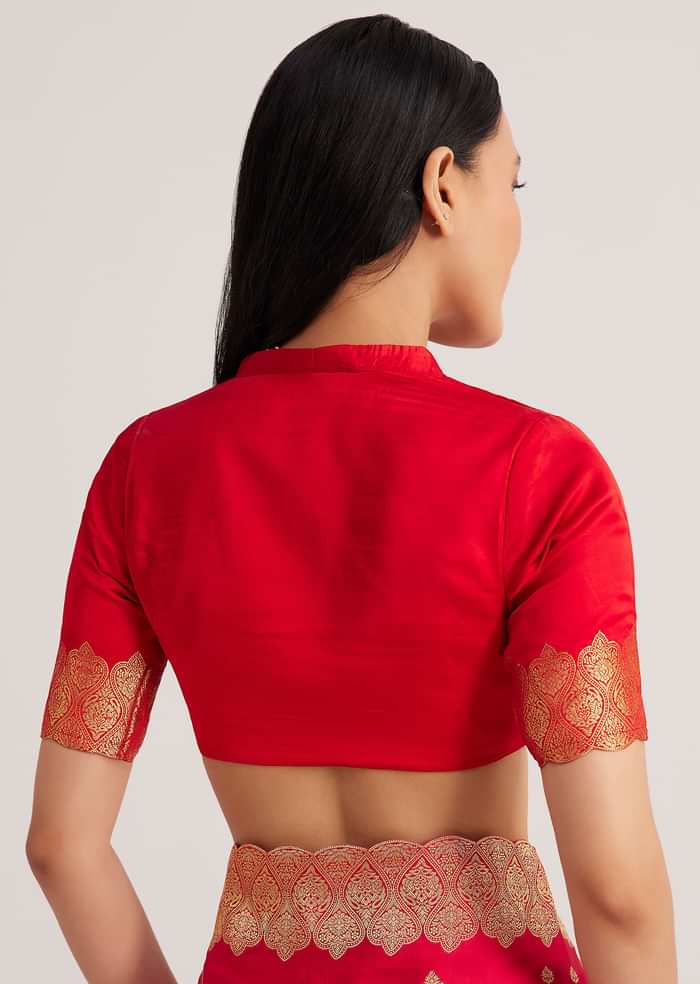 Red Satin Silk Butti Woven Saree With Scallop Brocade Border