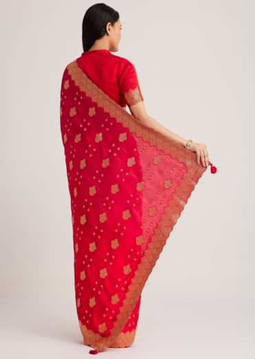 Red Satin Silk Butti Woven Saree With Scallop Brocade Border