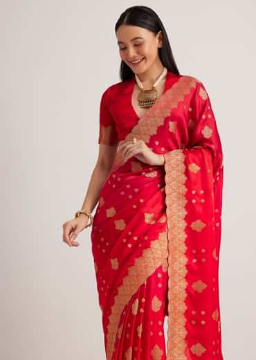 Red Satin Silk Butti Woven Saree With Scallop Brocade Border