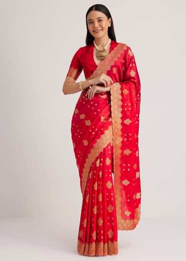 Red Satin Silk Butti Woven Saree With Scallop Brocade Border