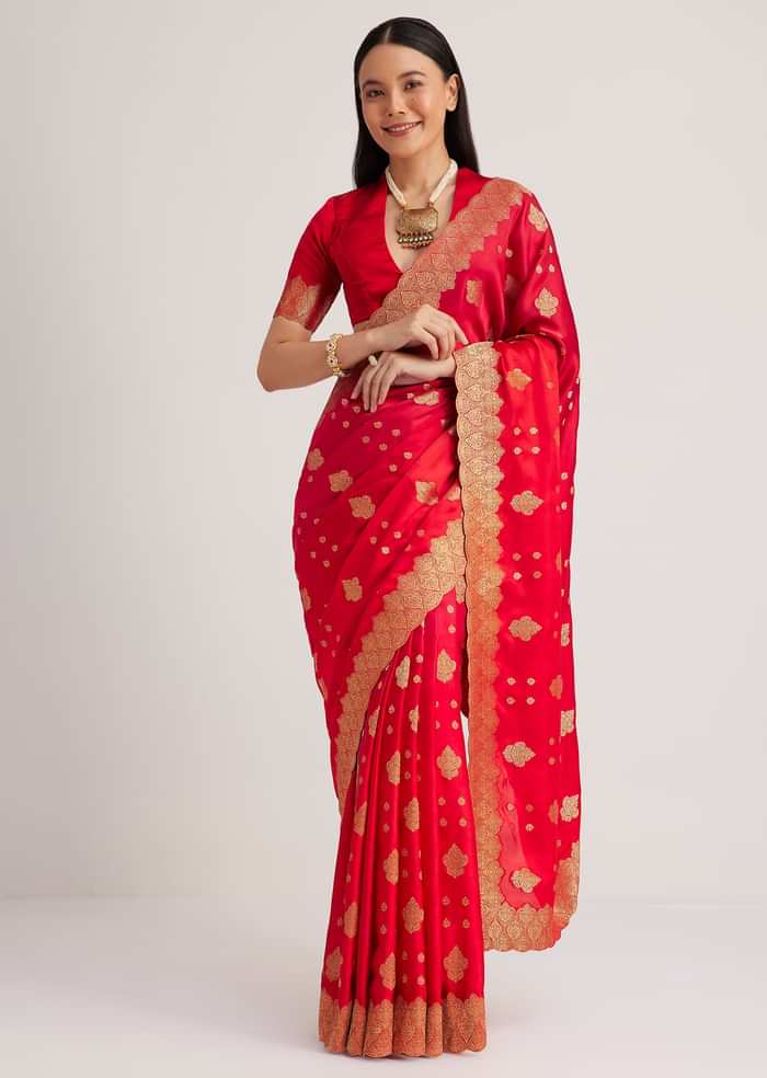 Red Satin Silk Butti Woven Saree With Scallop Brocade Border
