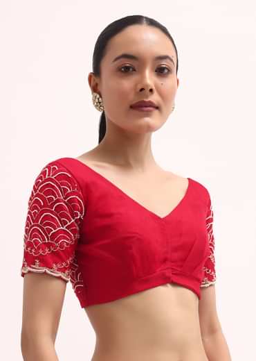 Red Scallop Border Organza Saree With Unstitched Blouse