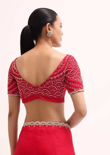 Red Scallop Border Organza Saree With Unstitched Blouse