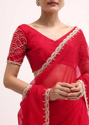 Red Scallop Border Organza Saree With Unstitched Blouse
