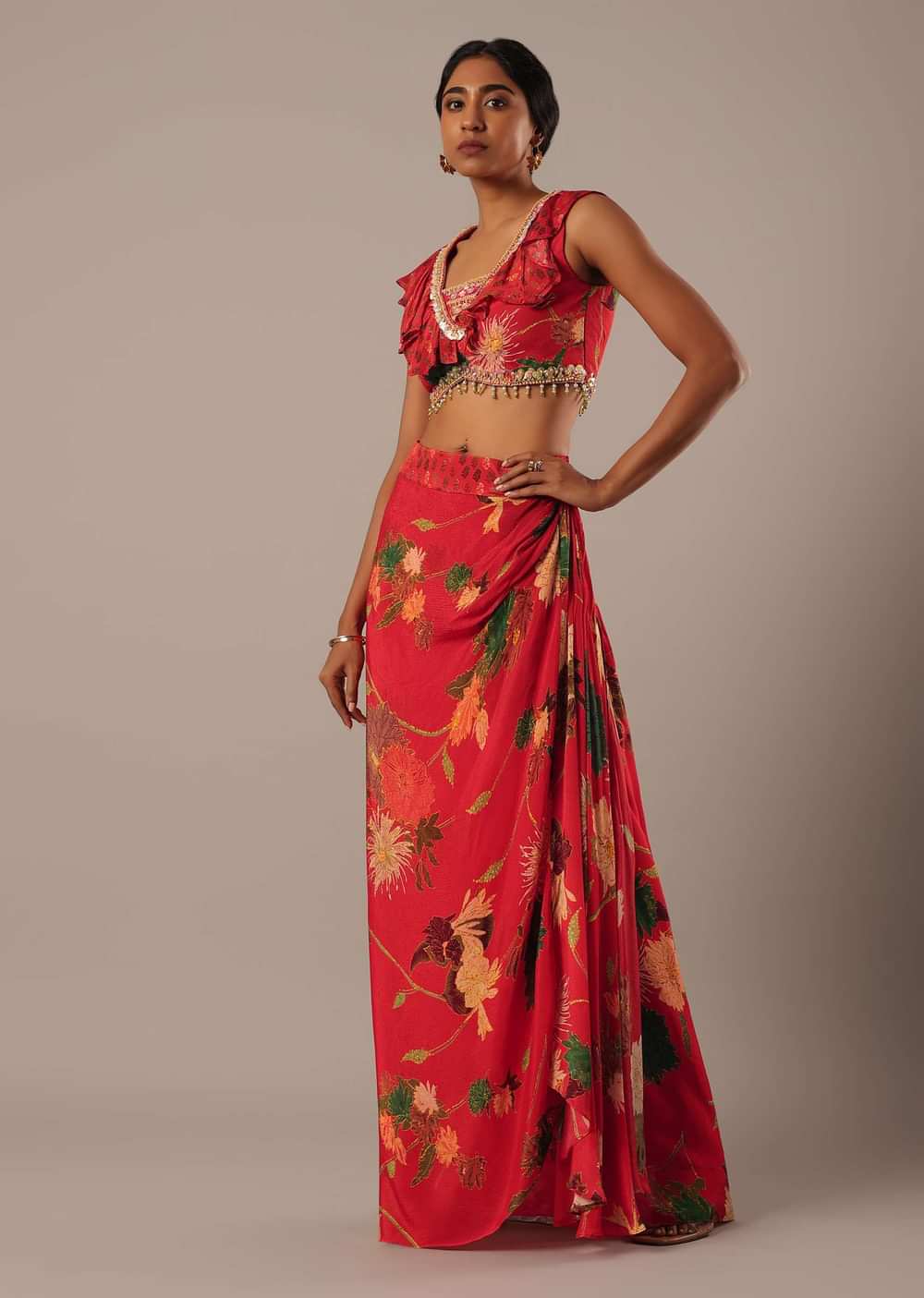 Red Sequin Embellished Blouse And Printed Skirt Set