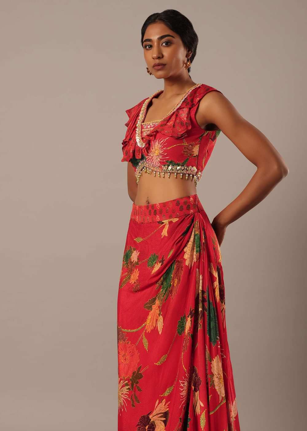 Red Sequin Embellished Blouse And Printed Skirt Set