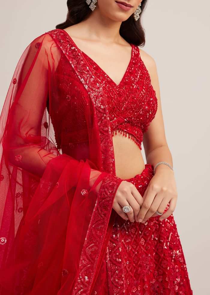 Red Sequin Embellished Lehenga Set