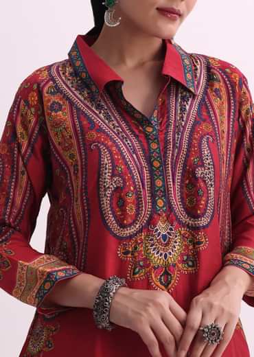 Red Sequin Embroidered Kurta With Printed Pant Set