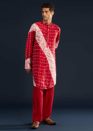Red Shibori and Bandhani Print Kurta Set