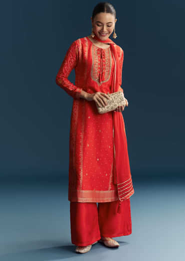 Red Silk Bandhani Palazzo Suit With Embroidery