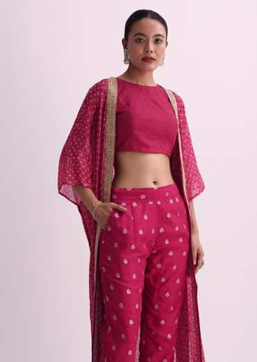 Red Silk Crop Top And Pant Set With Bandhani Print Jacket