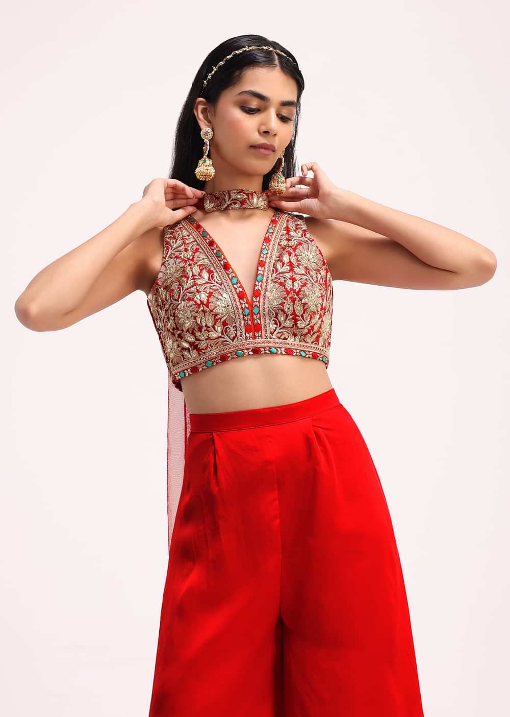 Red Silk Gotta Patti Crop Top Set With Dupatta