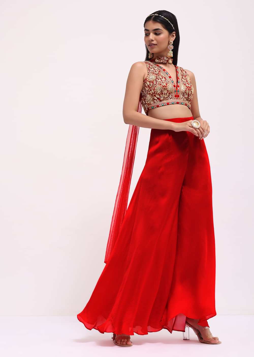 Red Silk Gotta Patti Crop Top Set With Dupatta