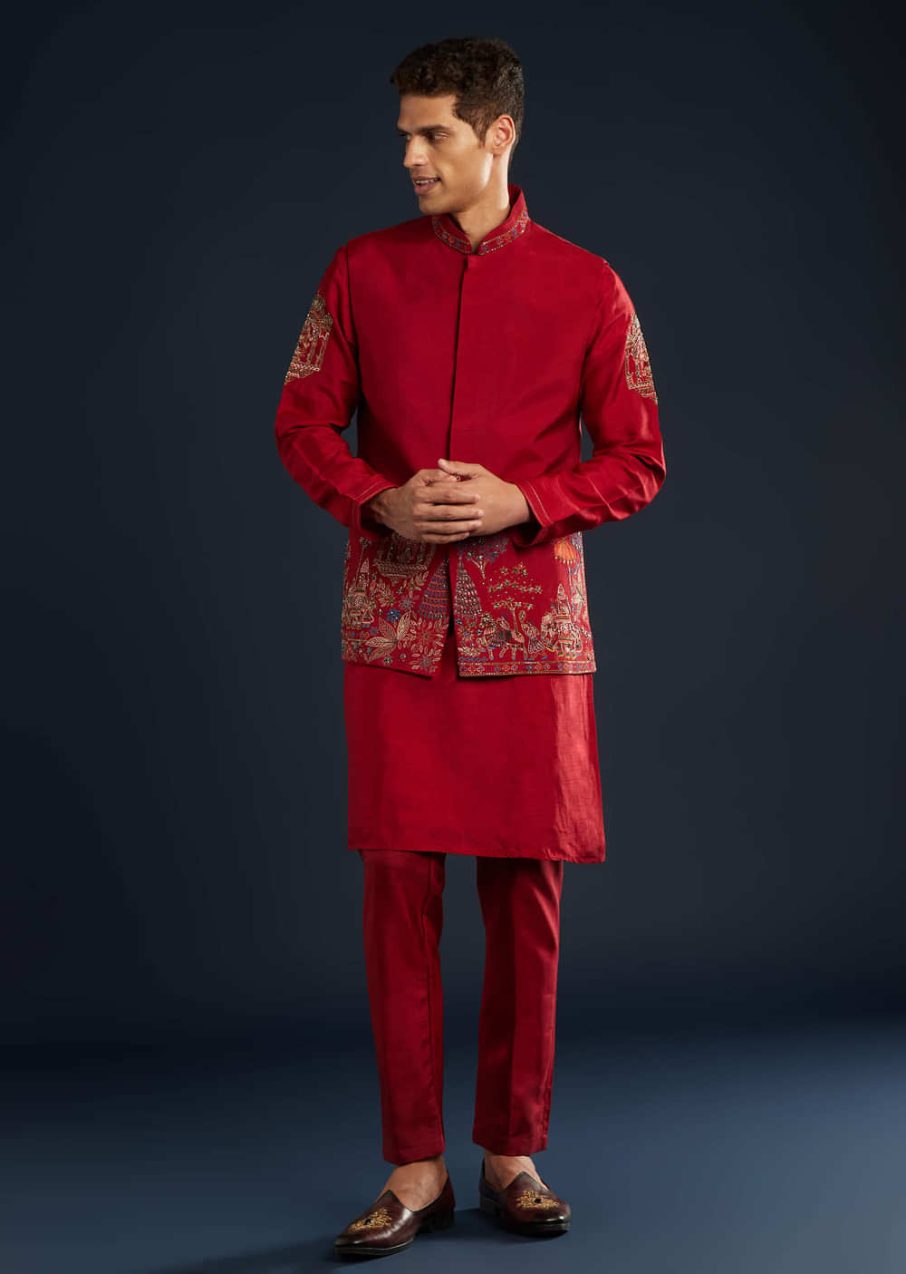 Red Silk Jacket Kurta Set With Cutdana Work